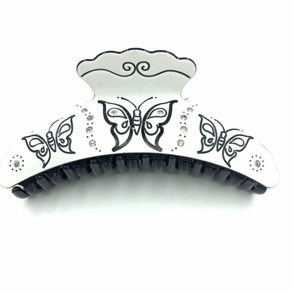 Заколка - Краб для волос. 12 штук "Три бабочки со стразами", Черный, белый. ТВ - 1456.