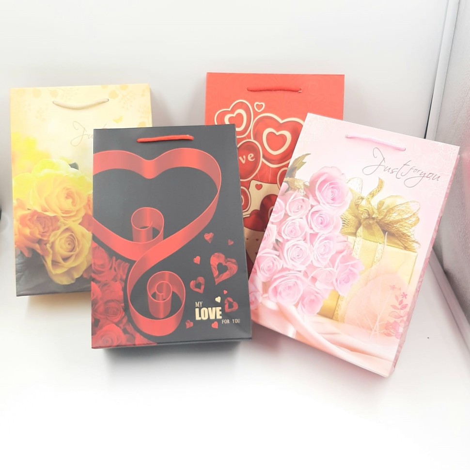 Пакет Подарочный  РОЗЫ и Сердечки  (4 размера)  (12 штук в упаковке)